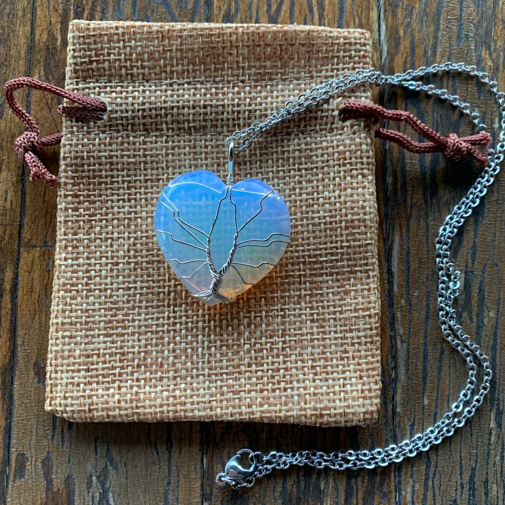 Brand New Wire-Wrapped Opalite Heart with Stainless Steel Chain